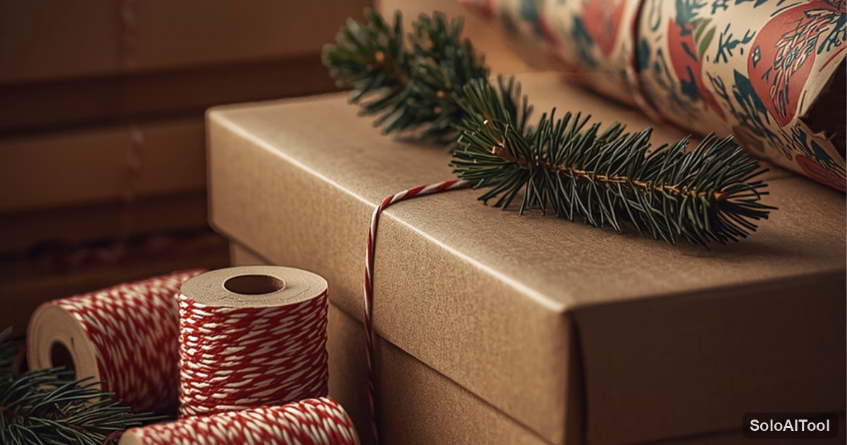 Kraft paper gift boxes with red and white twine and pine sprigs on a holiday packing table