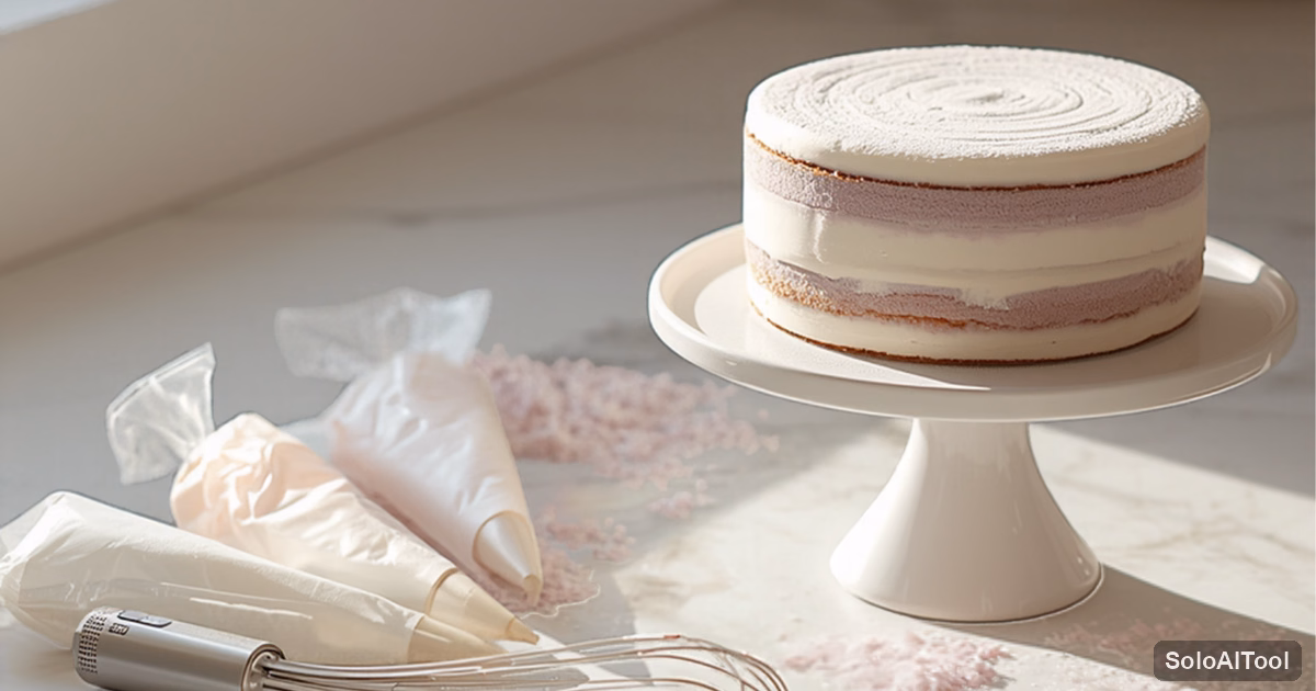 Pastel layer cake on a white stand beside piping bags and a whisk on a marble kitchen counter