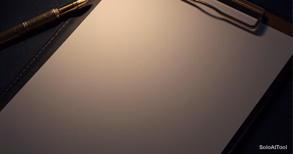 Moody close-up of a blank sheet on a leather clipboard with a brass pen on a dark navy desk under a lamp