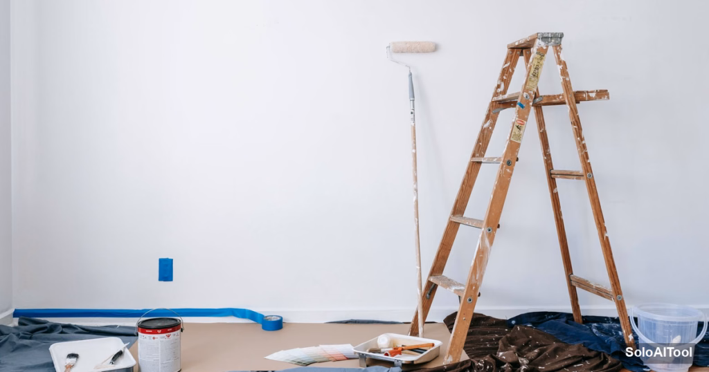 A room prepared for painting with a wooden ladder, paint roller, tape and drop cloth