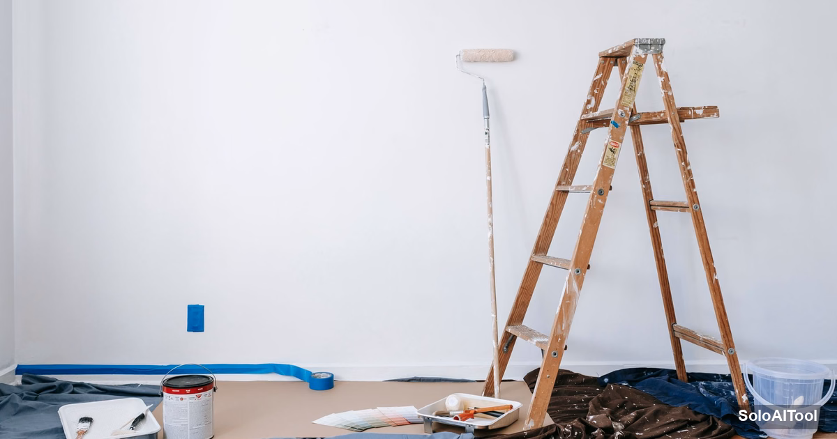 A room prepared for painting with a wooden ladder, paint roller, tape and drop cloth