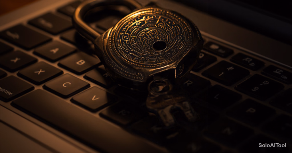 Brass padlock resting on a laptop keyboard under a warm desk lamp