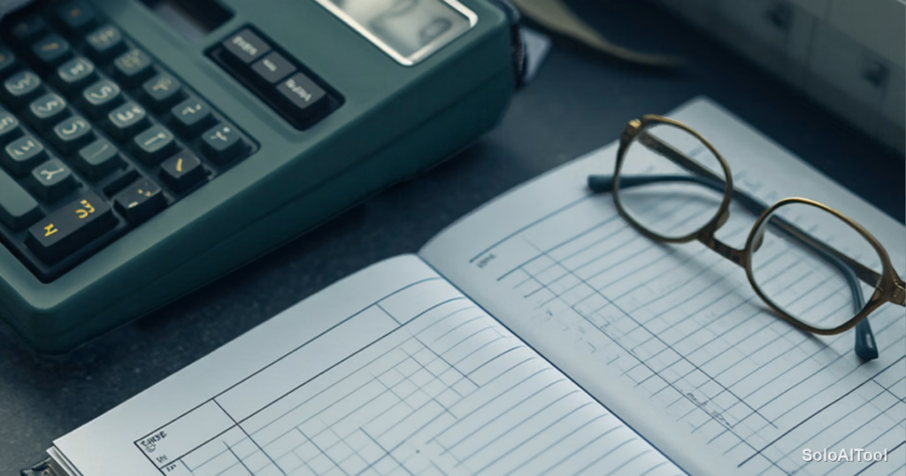 Bookkeeping desk with a green desktop calculator, an open ruled ledger and reading glasses in cool window light