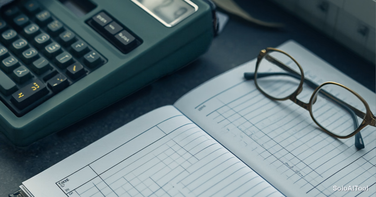 Bookkeeping desk with a green desktop calculator, an open ruled ledger and reading glasses in cool window light