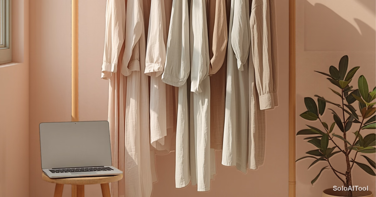 Sunlit boutique studio with pastel linen clothes on a wooden rack, a laptop on a stool and a potted plant against blush pink walls