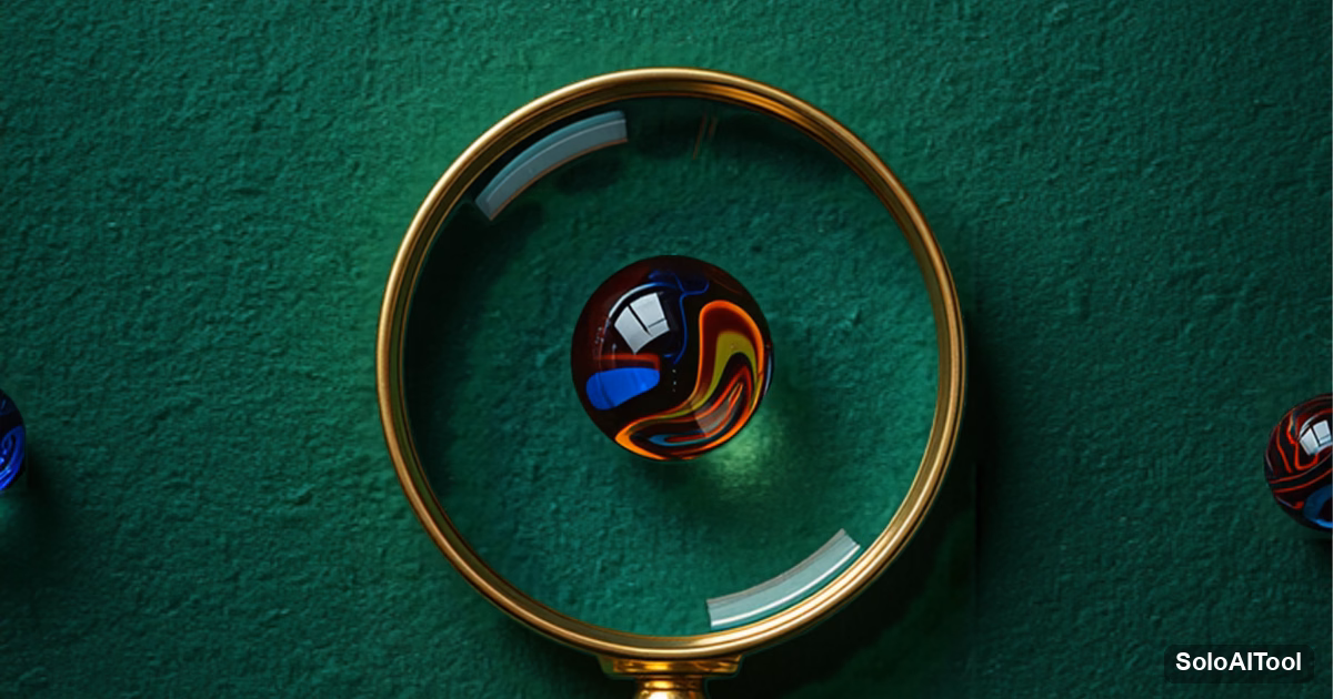 A brass magnifying glass enlarging a single glass marble on green felt