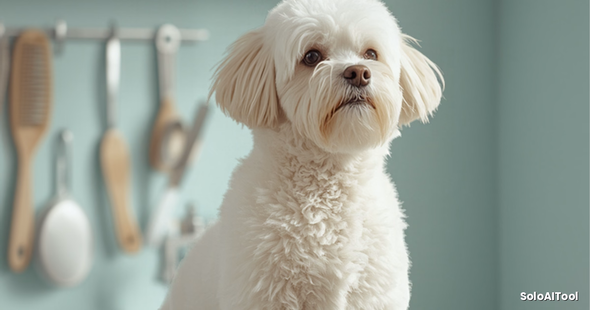Fluffy white dog sitting on a grooming table in a mint green grooming salon