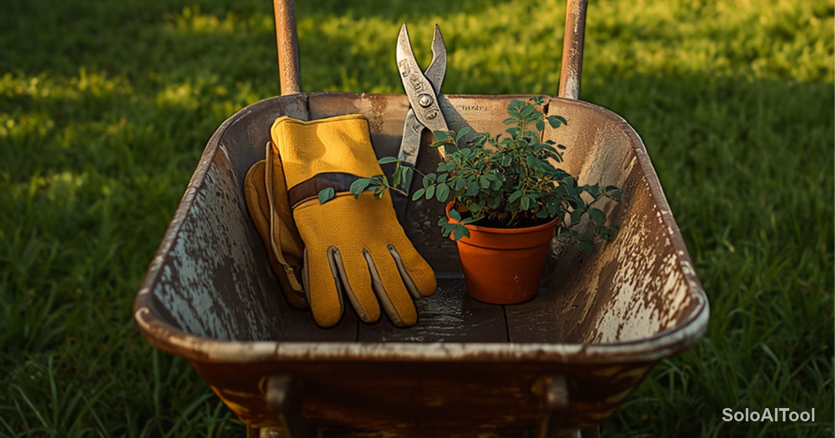 Gardening gloves, pruning shears and a potted plant in a wooden wheelbarrow on a green lawn