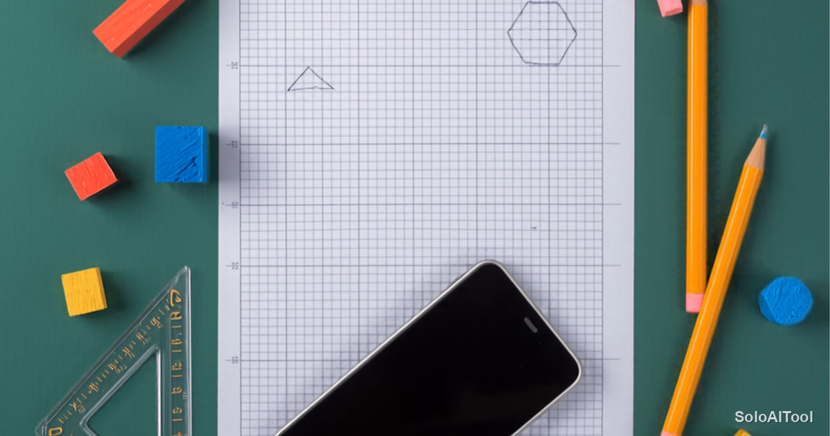 Overhead view of a green tutoring table with graph paper, pencils, a phone and colorful wooden blocks