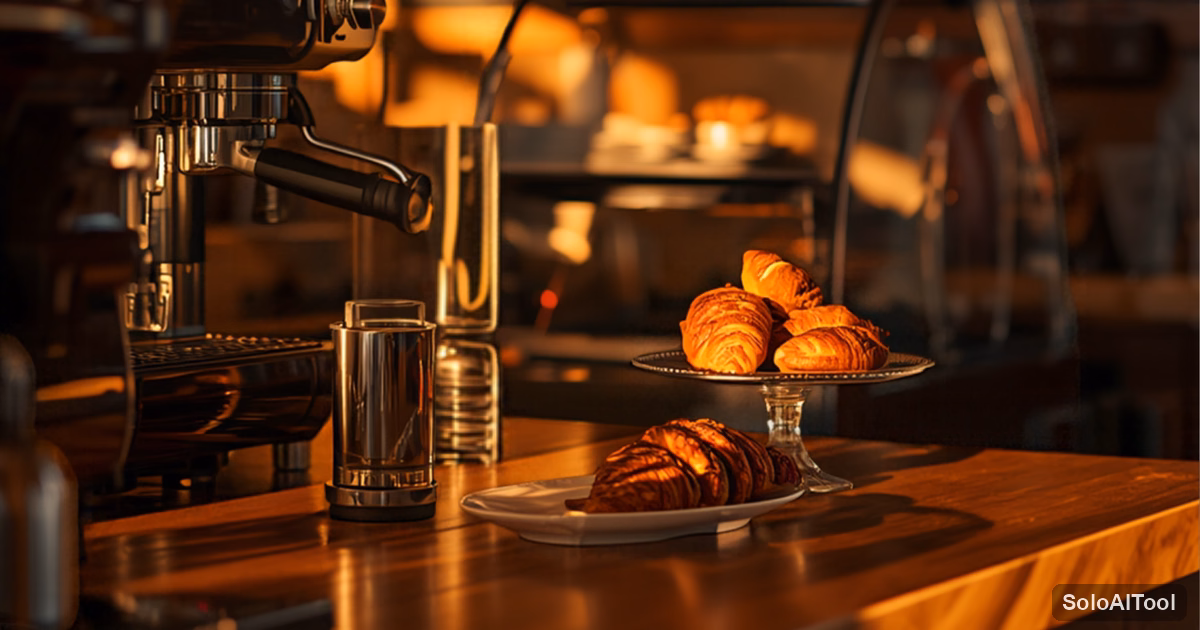 Warm-lit independent cafe counter with an espresso machine and fresh croissants