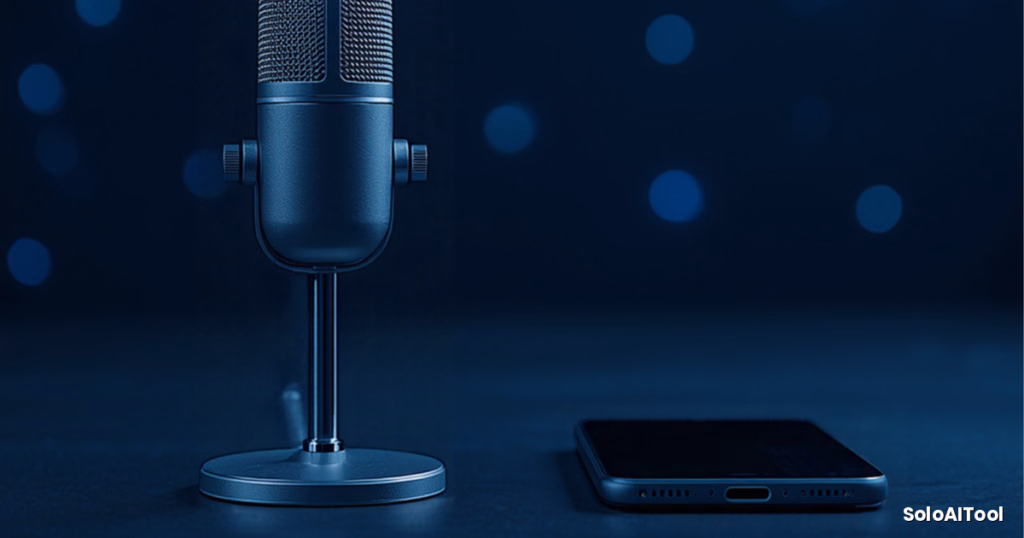 Vintage microphone and smartphone on a dark blue desk with soft bokeh lights