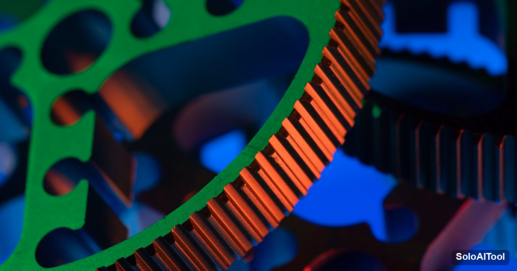 Macro photo of interlocking green and orange gears lit in blue